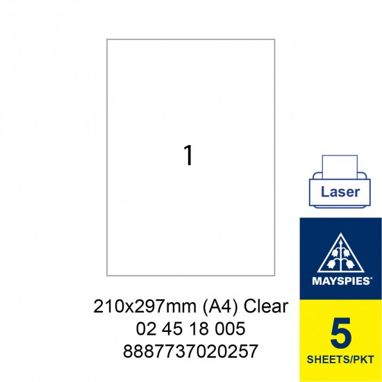 MAYSPIES 02 45 18 005 PREMIUM COLOR LASER LABEL / 5 SHEETS/PKT CLEAR/TRANSPARENT / 210X297MM